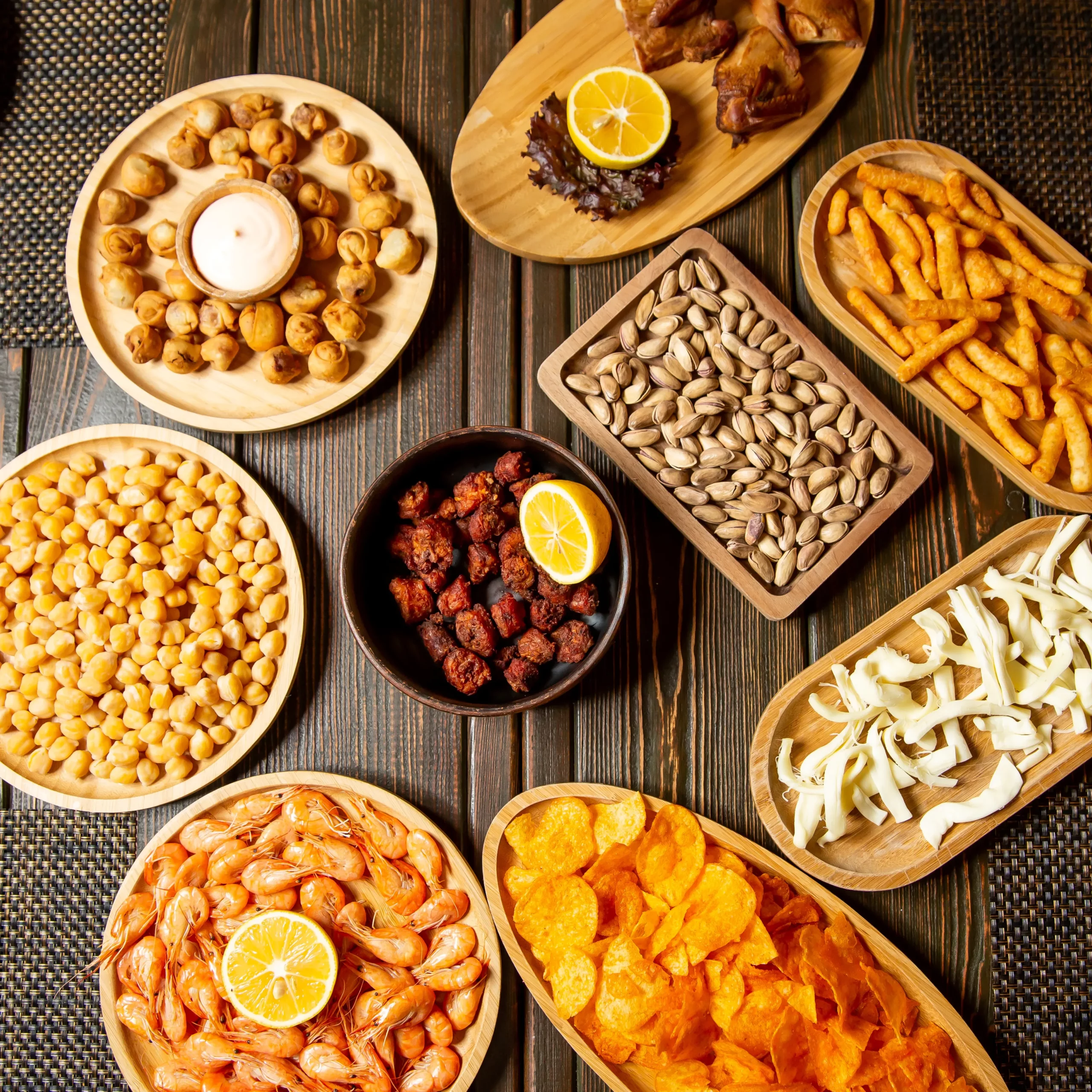 beer snacks plates fried dushbara shrimps boiled chickpeas pistachio chips string cheese 1 scaled