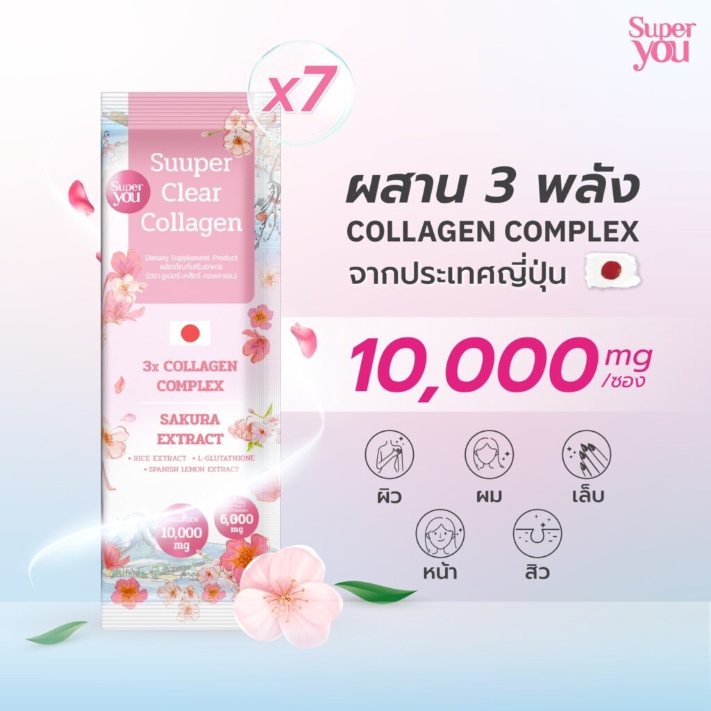 คอลลาเจนไดเปปไทด์ Super You - ซูเปอร์ เคลียร์ คอลลาเจน คอลลาเจน 3x คอมเพล็กซ์ จากสถาบัน Wellnex (Type I ครบ 3 ชนิด: Dipeptine, Tripeptine, Peptine) รวม 10,000 mg/ซอง ผสมเปปไทด์สายสั้นหลายชนิดเพื่อการดูดซึมที่รวดเร็วและประสิทธิภาพรอบด้าน ทั้งผิวเด้งและความยืดหยุ่น
