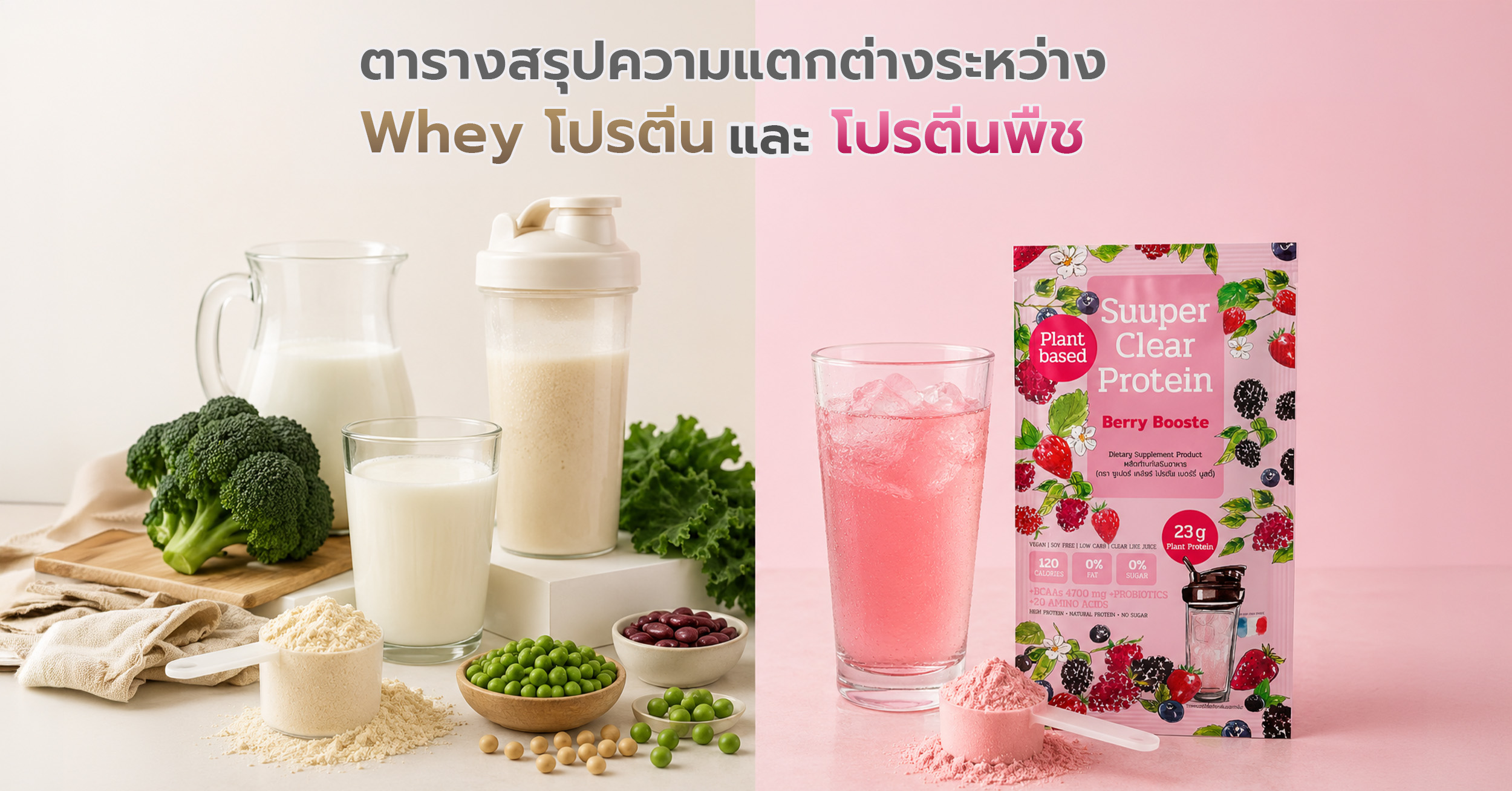 ข้อเปรียบเทียบระหว่าง เวย์โปรตีน vs โปรตีน Plant Based เวย์โปรตีนเป็นโปรตีนที่ได้จากนมวัว เกิดขึ้นในกระบวนการแยกน้ำออกจากนมเพื่อทำชีส ทำให้เวย์เป็นโปรตีนจากสัตว์ ซึ่งมีกรดอะมิโนจำเป็นครบถ้วนในปริมาณที่สูงตามธรรมชาติ นั่นจึงทำให้เวย์เป็นโปรตีนที่ดูดซึมได้ดีมาก
ในขณะที่โปรตีน Plant based มาจากแหล่งพืชหลากหลาย เช่น ถั่วลันเตา ข้าวกล้อง ถั่วเหลือง เมล็ดฟักทอง หรือเมล็ดพืชต่าง ๆ ข้อดีคือมาจากธรรมชาติ ไม่มีแลคโตส ไม่มีฮอร์โมนจากสัตว์ และเหมาะกับคนที่แพ้หรือไม่ถูกกับโปรตีนจากนม